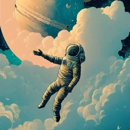 lonely astronaut flying in jupiter's clouds, epic scene, by victo ngai, kilian eng vibrant colours, dynamic lighting, digital art, winning award masterpiece, fantastically beautiful, illustration, aesthetically inspired by beksinski and dan mumford, trending on artstation, art by greg rutkowski, 8k