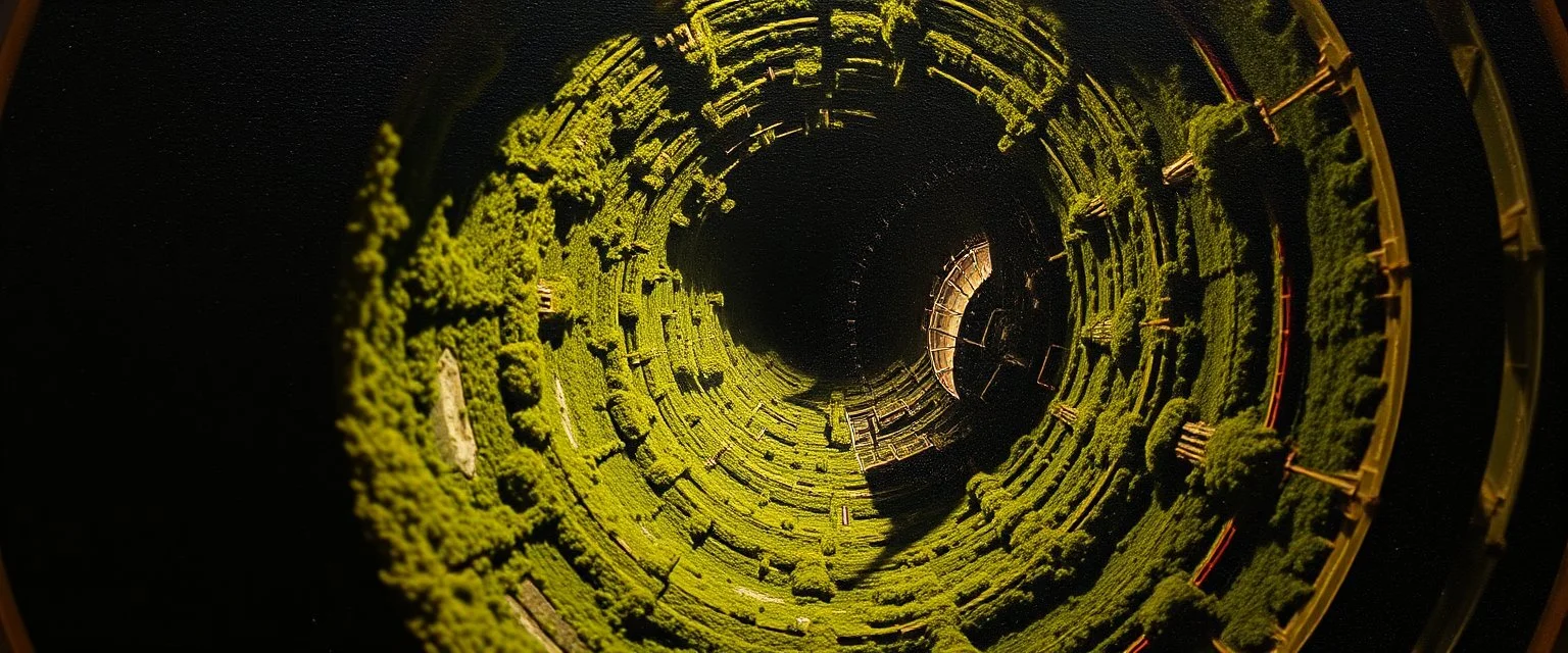 pin hole cam, master oil painting by Rembrandt, moss covered space station, brightened edges to give a sense of depth