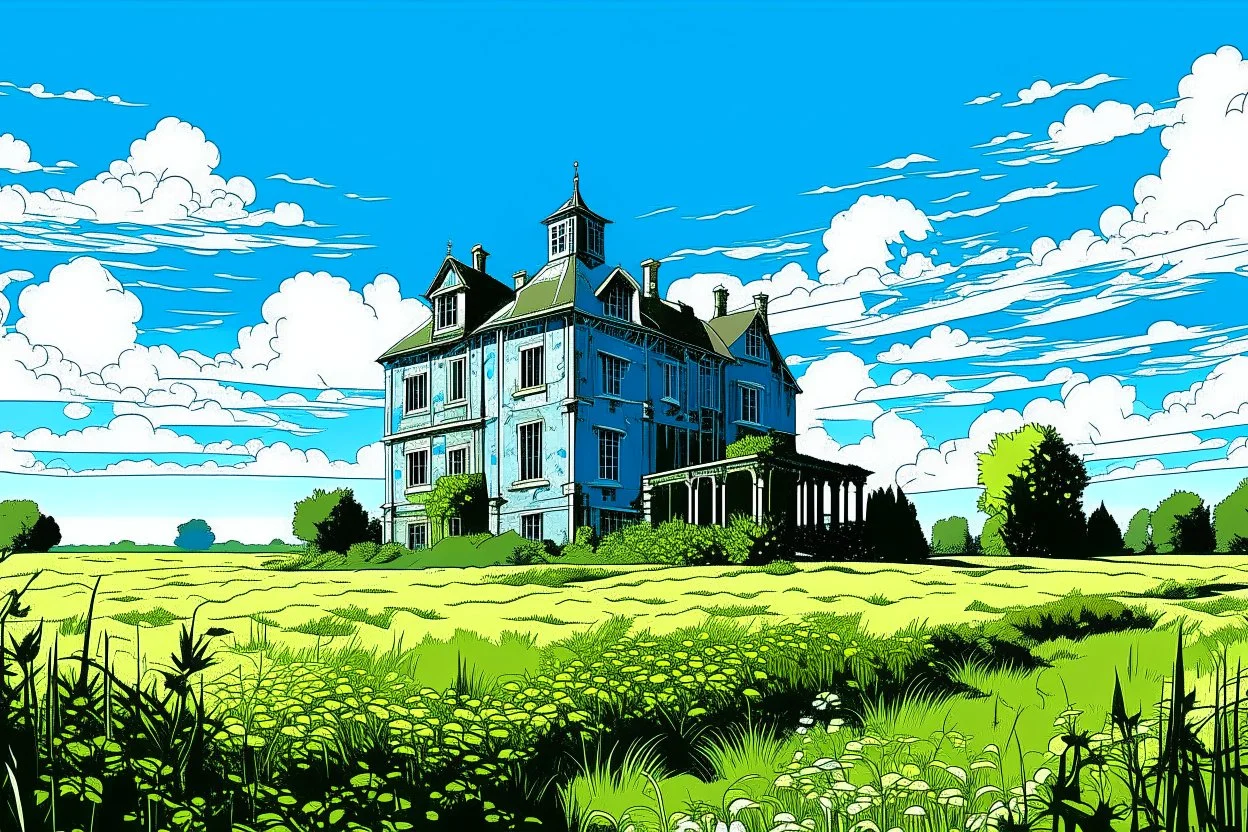 Disused, Victorian Manor House, Blue Sky, Over-Grown Fields, Vector Art