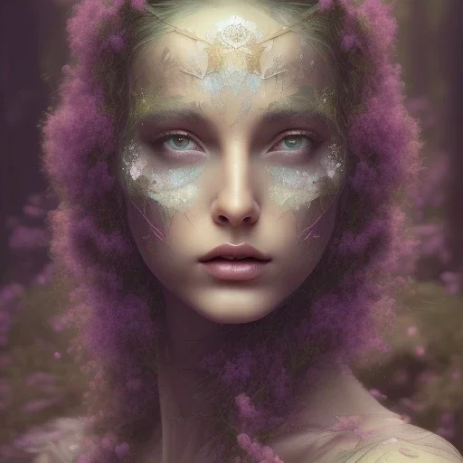 Portrait of beautiful girl, face dept of field,face shining, plant, metal, feathers,central weight average, CWA Dryad, fae, sidhe, ominous, nature, plants, wildflower sparkle,wildflower 3d view, facepaint, dnd character portrait, intricate, oil on canvas, masterpiece, expert, insanely detailed, 4k resolution, retroanime style, cute big circular reflective eyes, cinematic smooth, intricate detail , soft smooth lighting, soft pastel colors, painted Renaissance style,sharp fucus, bokeh,macro lens,