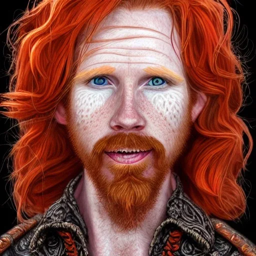 Portrait of Courtney Gains as a ruggedly handsome but joyful roguish pirate, charismatic, attractive male, masculine, perfect, precisely detailed, lightly freckled face, meticulously detailed multi-hued ginger carrot colored cherry fire red hair; Malachai of the corn; fantasy, intricate, elegant, highly detailed, digital painting, artstation, concept art, matte, sharp focus, illustration, art by artgerm and greg rutkowski and alphonse mucha