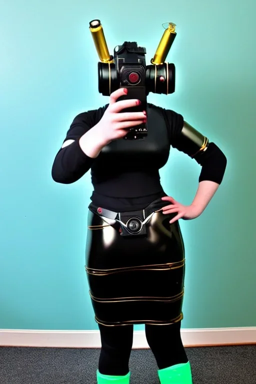 MetCyber-punk style camera-mask. Large fencing mask covers cheeks. Trim girls. Reflective plastic body surface. Camera lenses as eyes. Head full of integrated old-fashioned cameras. Golden to cyan surfaces body. Perfect body, thick thighs and calves. Selfies, old-fashioned cameras, both hands. Wide hip, skirt bleats nicely. Partly symmetrical. Three Cameras hanging on plastic belt. Euclidean 3D-tiling, Escher. Mathematically impossible