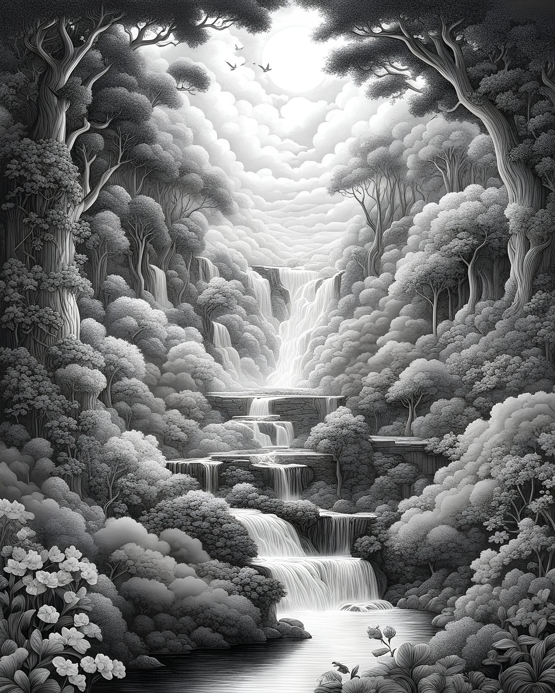 "Cute coloring pages : illustration of high quality, highly detailed, Picture a surreal dreamscape where reality and imagination entwine, The canvas is bathed in an otherworldly glow, reminiscent of the luminescent brilliance found in the works of Maxfield Parrish, A soft, celestial radiance permeates the scene, casting enchanting shadows that dance upon the fantastical tableau, The central focus is a mythical creature, a hybrid of nature and fantasy—a creature born of artistic whimsy, Its form