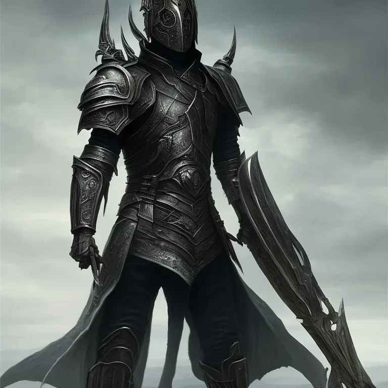 a man in armor standing in front of a cloudy sky, concept art, by Xu Wei, cgsociety contest winner, fantasy art, wearing black clothes and cape, muscular male undead cyborg, leather clothing and boots, metallic mask around the mouth, rogue thief, has black wings, male necromancer, caracal cyborg, backveiw picture of elf rogue, ice lord