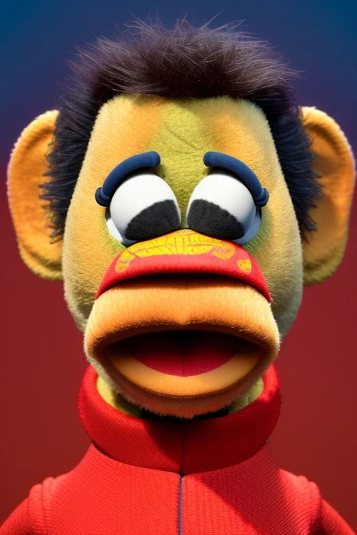 Waist up muppet Portrait, Nicolas maduro us muppet doll, Venezuelan president, tracksuit red blue and yellow, mustache, photo studio, red background, unreal engine 5, concept art, art station, ray tracing, lumen lighting, ultra detail, volumetric lighting, 3d.