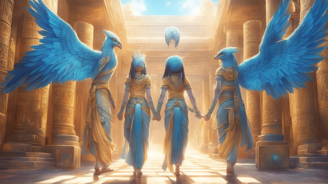 pleiadian , lyrans and blue avians walking around in ancient Egypt realistic, photorealistic symmetric, art by , Yuumei wlop, in the style of , Pixiv Ghibli, natural lighting sunlight, smiling peaceful friendship, Octane 4k highly detailed intricate scenery very detailed reflections
