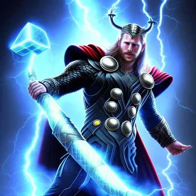 black venom thor with blue lightning and medieval helmet and thor's hammer with black background