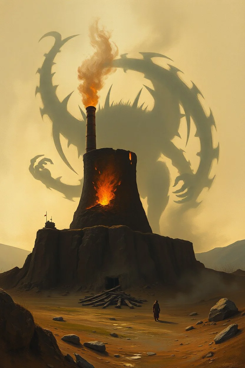 Paleolithic power plant.with a big shadow of an blurred evil creature in the background, Bosch painting style