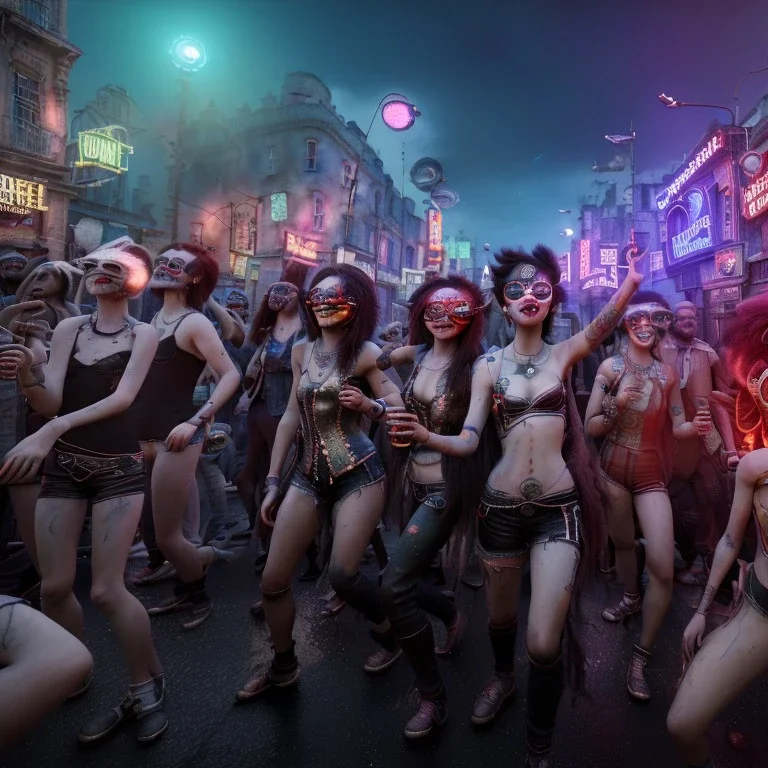 Ultra Realistic photo, medium shot view, drunken women, carnival scene, freak steampunk. hair monster, Sunglasses, smoking, happy, hot. Cabaret background, highly detailed, concept art, unreal engine 5, ray tracing, RTX, lumen lighting, ultra detail, volumetric lighting, 3d, finely drawn, high definition, high resolution.