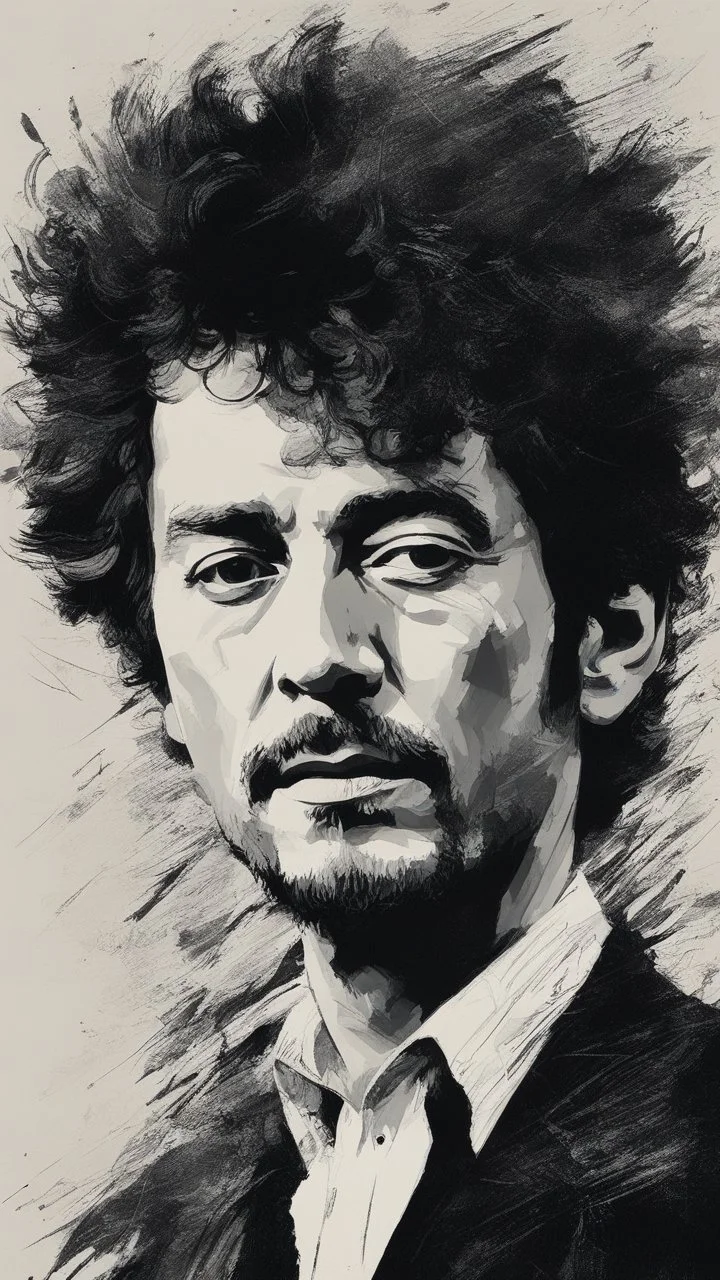 chiaroscuro portrait illustration of Bob Dylan in the style of threadbare abstract expressionism, ebony , black, and pewter , vintage abstract cut-and-paste, ricoh gr iii, editorial illustrations, fine lines, highly detailed hair and facial features