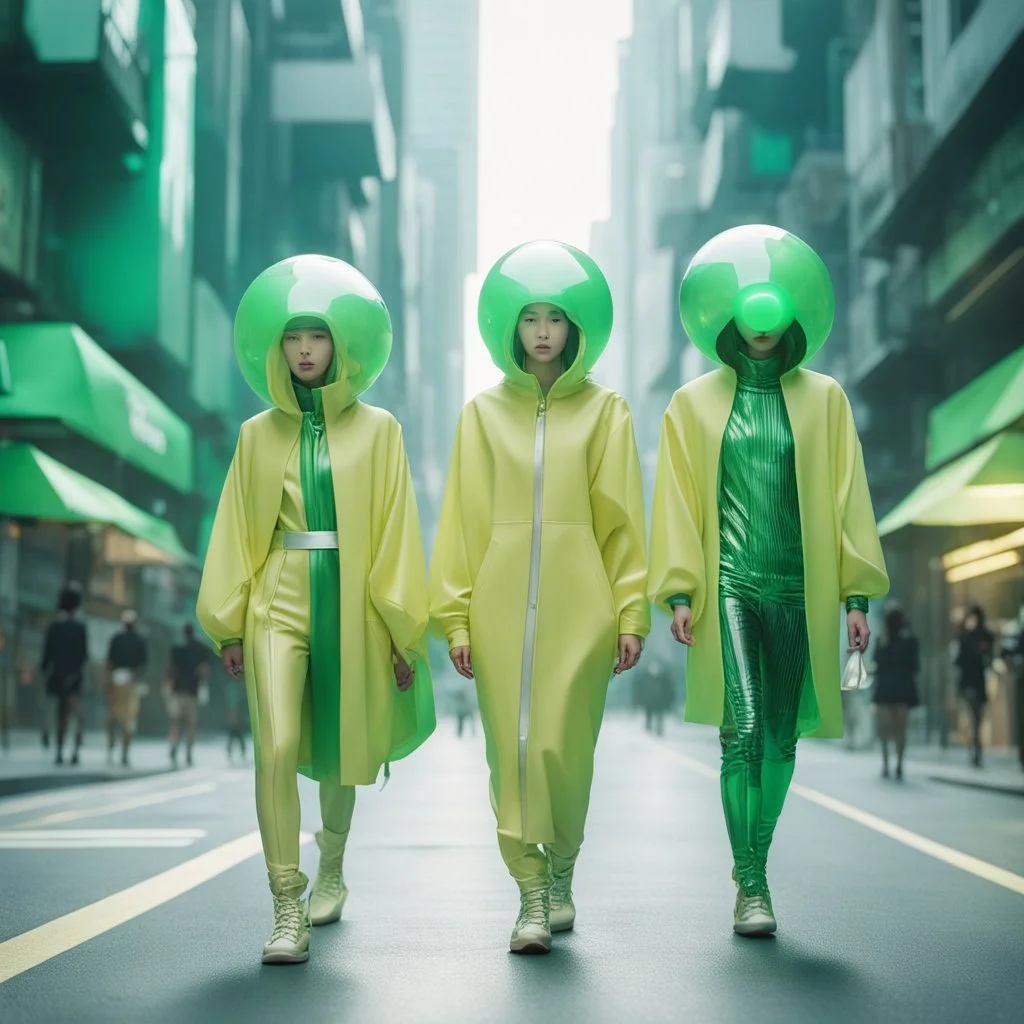 three people wearing futuristic clothing walking down a city street, in the style of light yellow and emerald, miki asai, oversized objects, vray, cryptopunk, japanese minimalism, silver and green