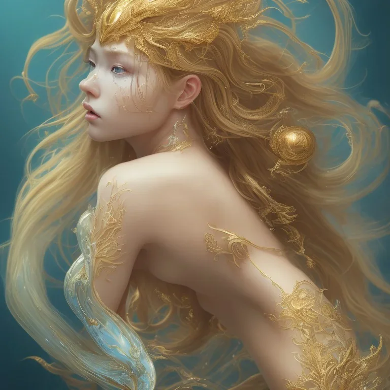 a wonderfull japanese, big boobs, golden long hair, ultradetailed fine art photo of a weet mermaid portrait, 5 0 mm lens, golden ratio composition, detailed face, studio photography, very detailed,masterpiece, artstation, 8 k, highly coherent