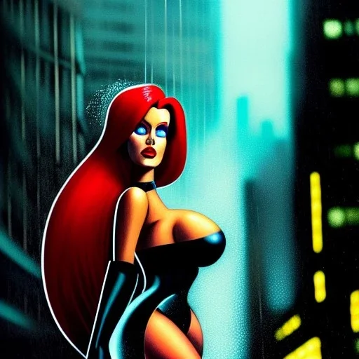 portrait oil on canvas, beautiful punk busty Jessica Rabbit , intense stare, sad glowing eyes, post-apocalyptic in a cyberpunk city,minimal skintight latex dress, bladerunner movie poster, realistic, intriacte detail,rainy, sci-fi fantasy style, masterpiece, volumetric lighting, Sharp Contrast, particles, highly detailed ,cinematic , deep colours,8k, in the style of Simon Beasly