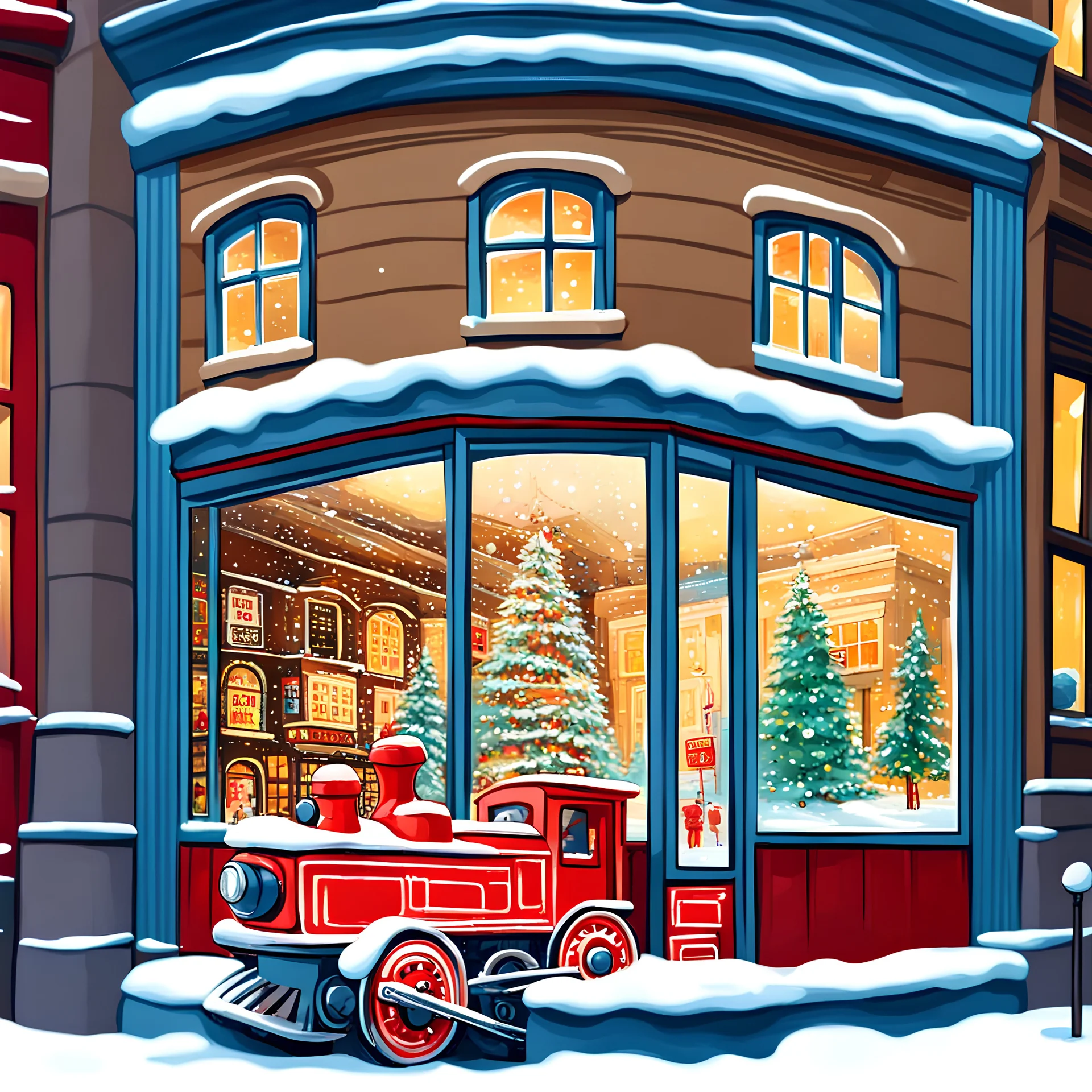 Paint a cover for a children's book with oil paints. New Year's Eve window of a toy store in a big city. A toy big red train stands in the window. A boy is standing near the shop window. Winter. The image is realistic