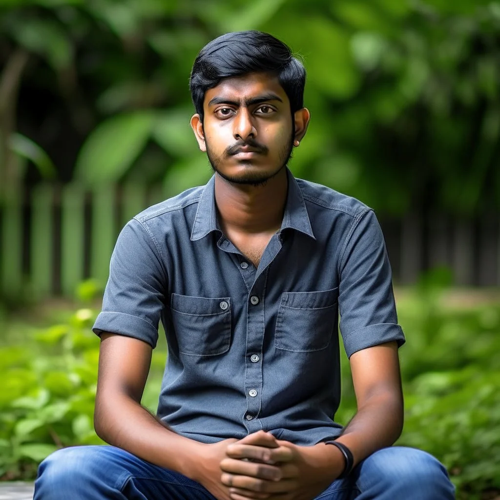 an 24 year old indian man, oval face, light skin, wearing shirt and jeans, sitting in a garden, peaceful, front face portrait, short hair, slightly muscular built, handsome