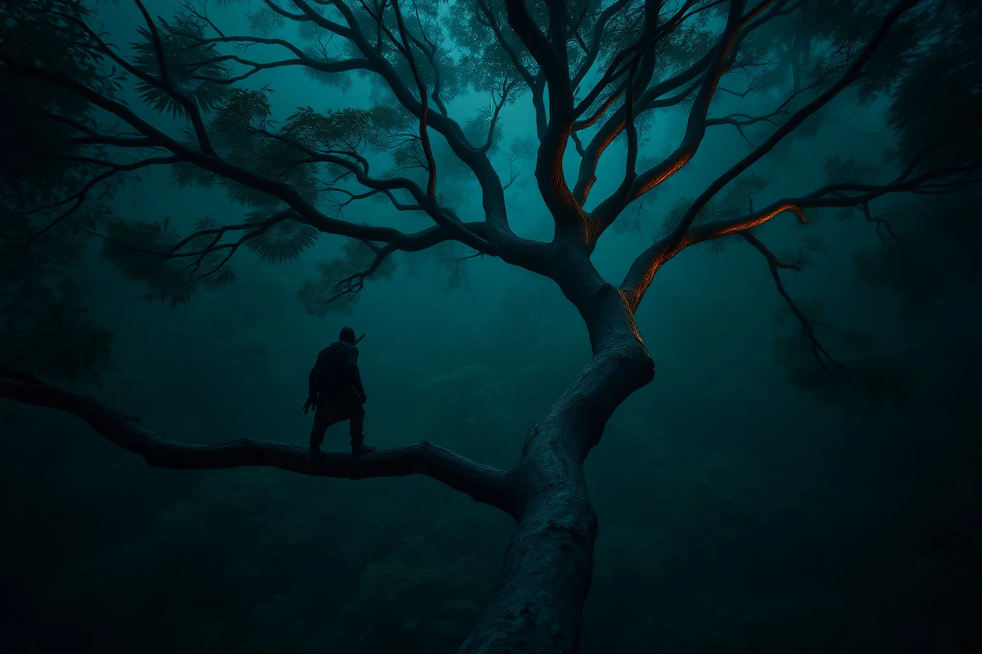 assassin POV standing on branch of banyan tree looking down in dark forest