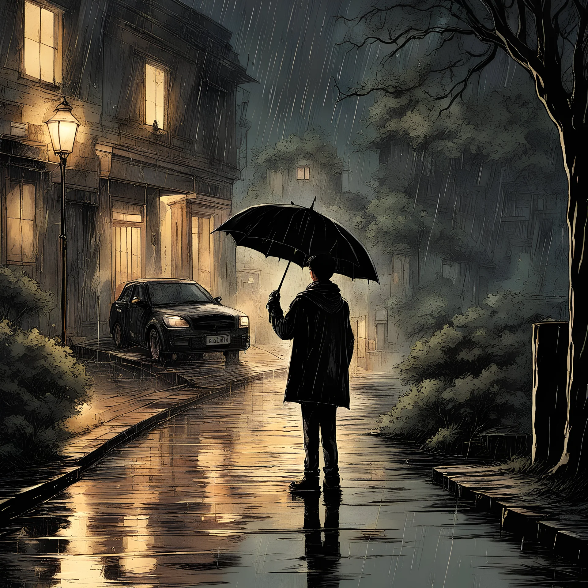 A teenage boy holding an umbrella in his hand and wearing a black coat He stands on his street, full of trees, pouring rain, and there is a dim light