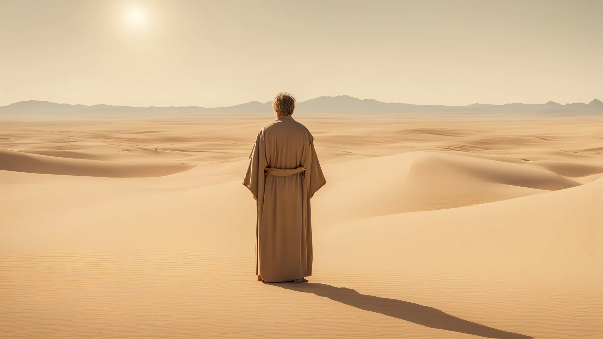 A man appears with his back facing the desert, wearing an old robe, looking at the sky