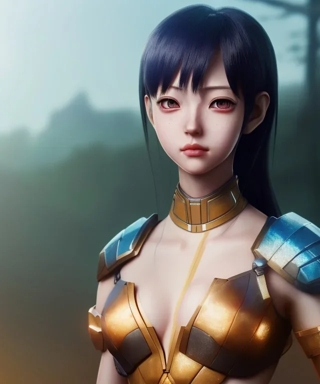 Anime girl cute neck head portrait, amazon warrior costume, full body, anatomicaly, village, meditation, cyberpunk, 8k quality