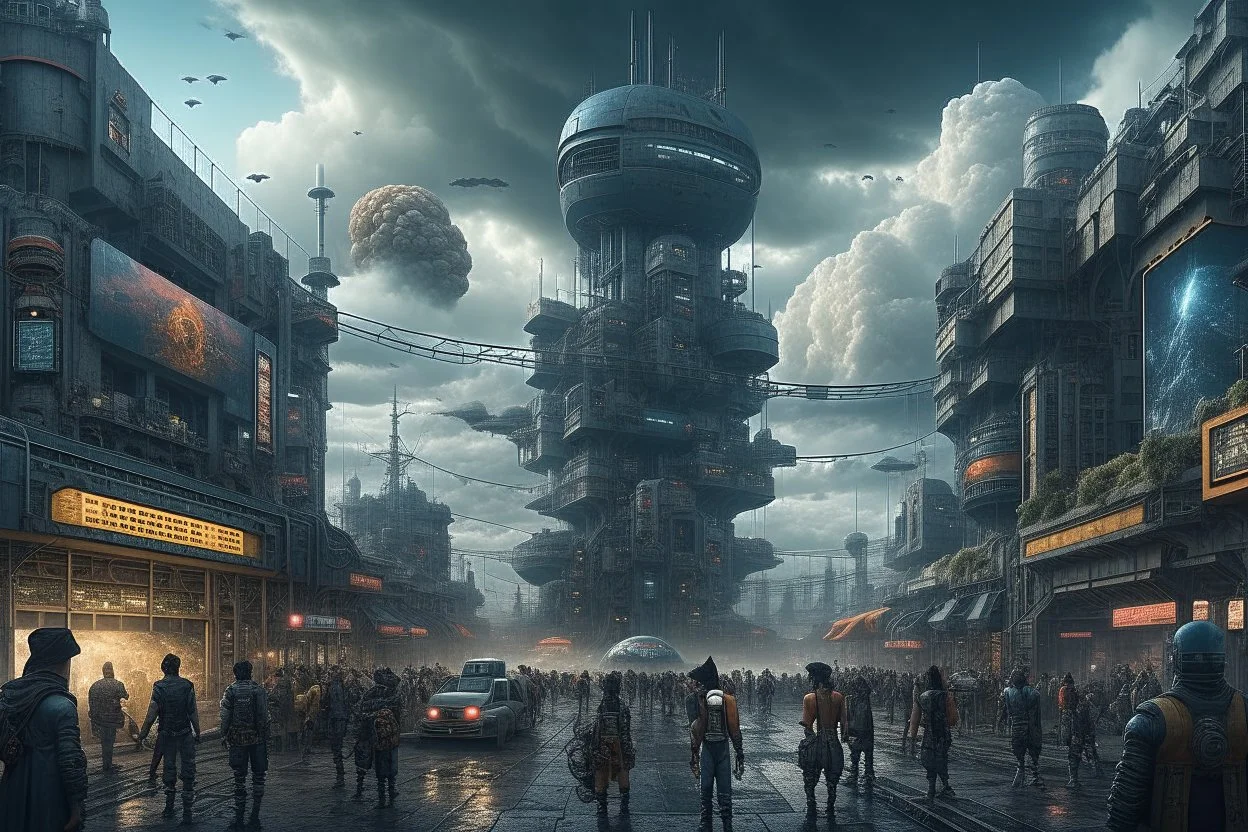 cloudy day in a cybverpunk city, people, sci-fi