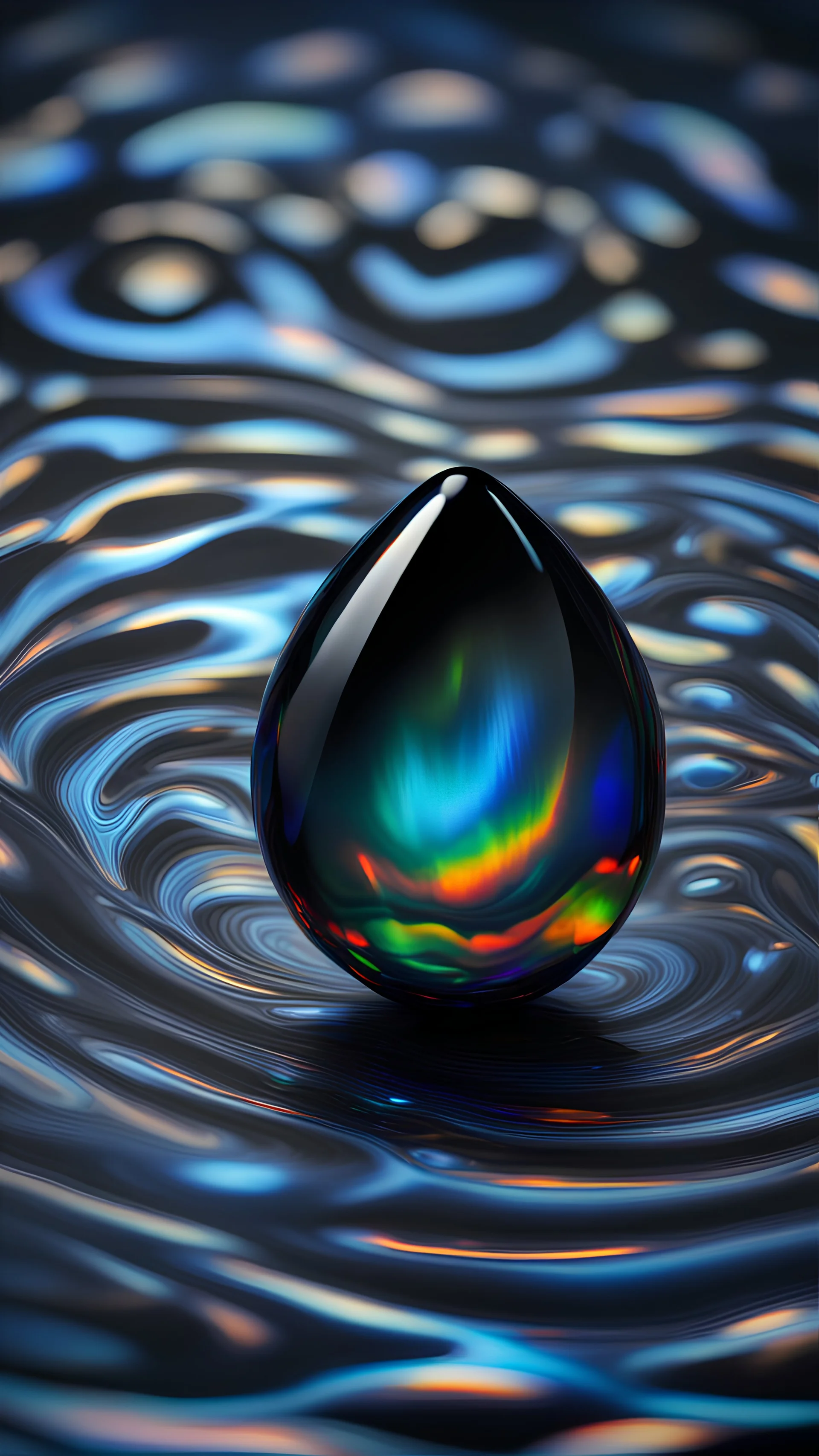 The 3D black Opal in the design is proportionally reduced in size, ensuring it does not exceed 30% of the image dimensions. As it descends, ripples form below the droplet, creating a captivating visual effect.