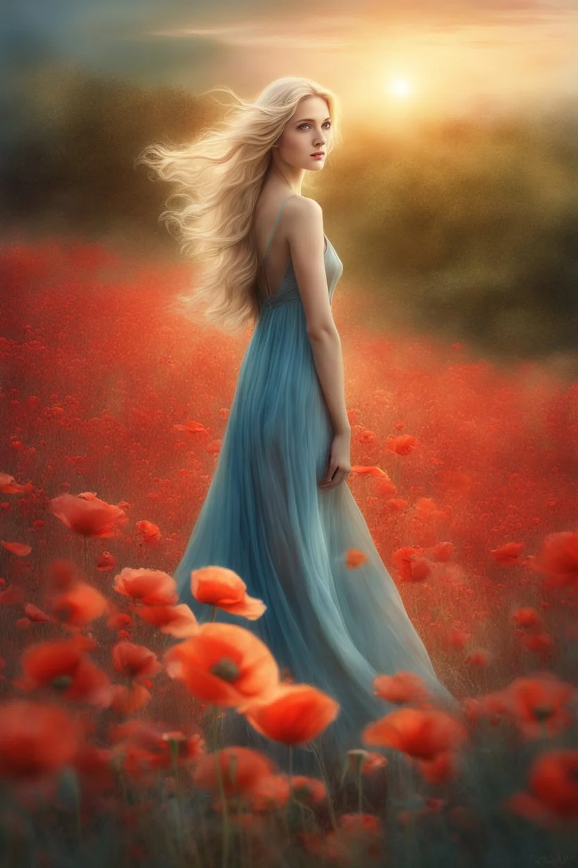 Creëer een mooie realistische Fantasie art, mooie vrouw, standing in a poppy field, in a long dress, long blondes hair,, soft lighting, vibrant colors, ethereal, dreamlike, nature-inspired, romantic, whimsical, fantasy art, detailed flowers, flowing movement, peaceful, enchanting, surreal, atmospheric, natural elements, sunlight filtering through the trees,