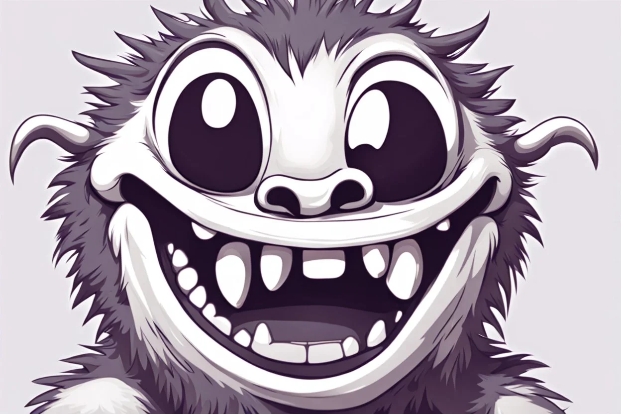 closeup of a smiling monster's face, big teeth, fur, bumps and horns, my pet monster inspiration, urban character design