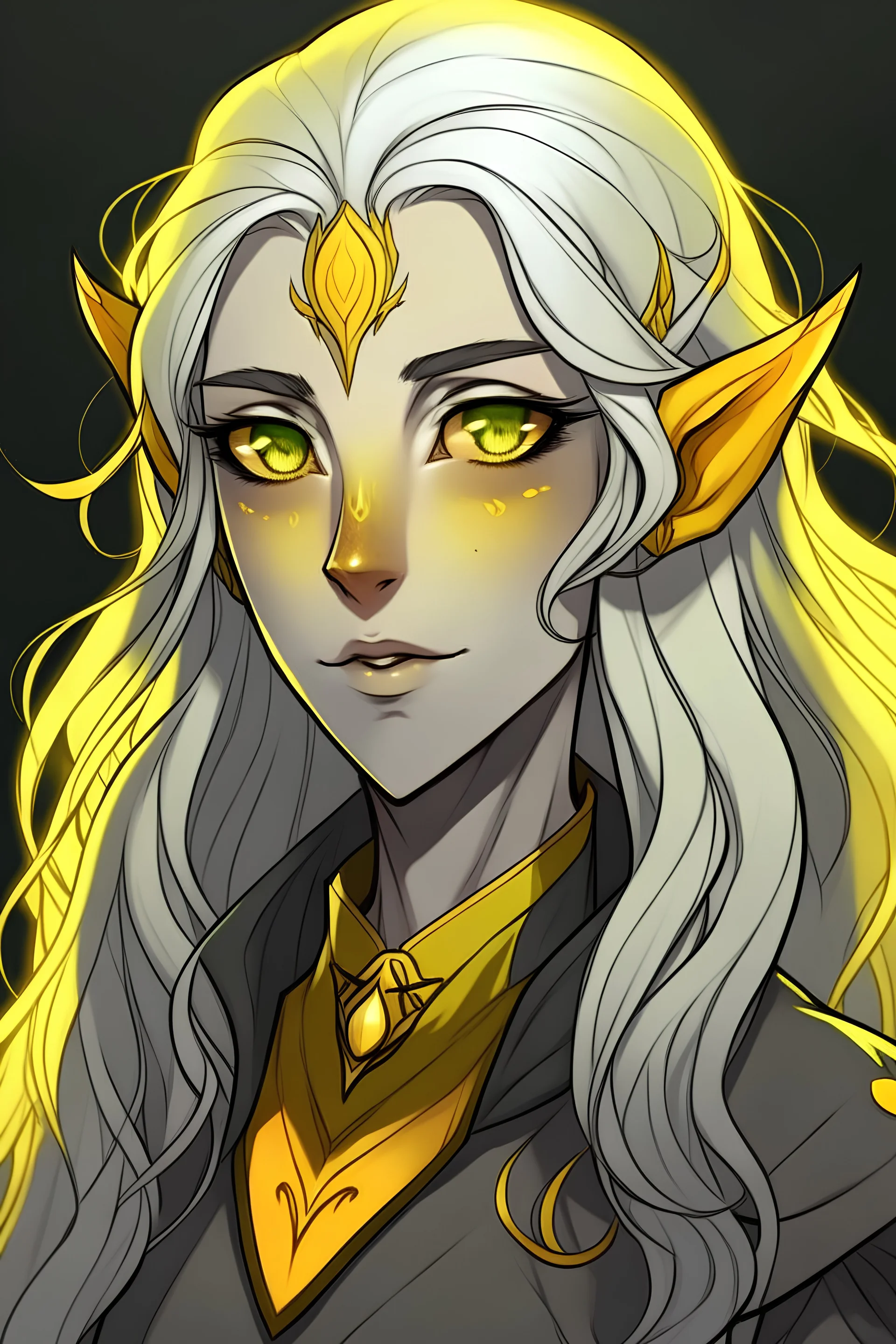 female 60 drow elf with wavy hair, yellow eyes, some wrinkles on face, anime style