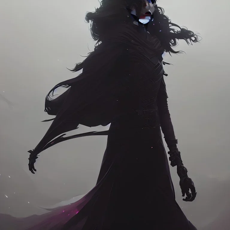 dark elegant dress shadow woman, powerful, creepy, matter, majestic, flow, illustration, concept art, by Greg Rutkowski, Sung Choi, Mitchell Mohrhauser, Maciej Kuciara, Johnson Ting