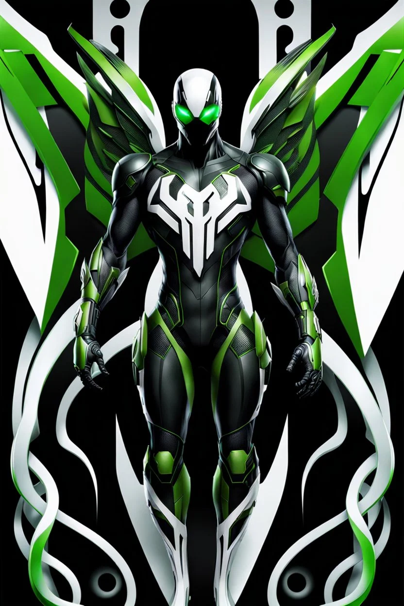 Cyborg symbiote, white color, green color, tendrils, high tech, cyberpunk, biopunk, membrane wings, carbon fiber, cyber tentacles, and the other two.