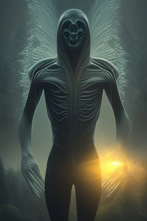 running alien portrait , black jogging suite , in the night Alps , holding leaves and coins , angels background, volumetric light, high detail, dark leaf tree, dark mountains in background, perfect, HR Giger style