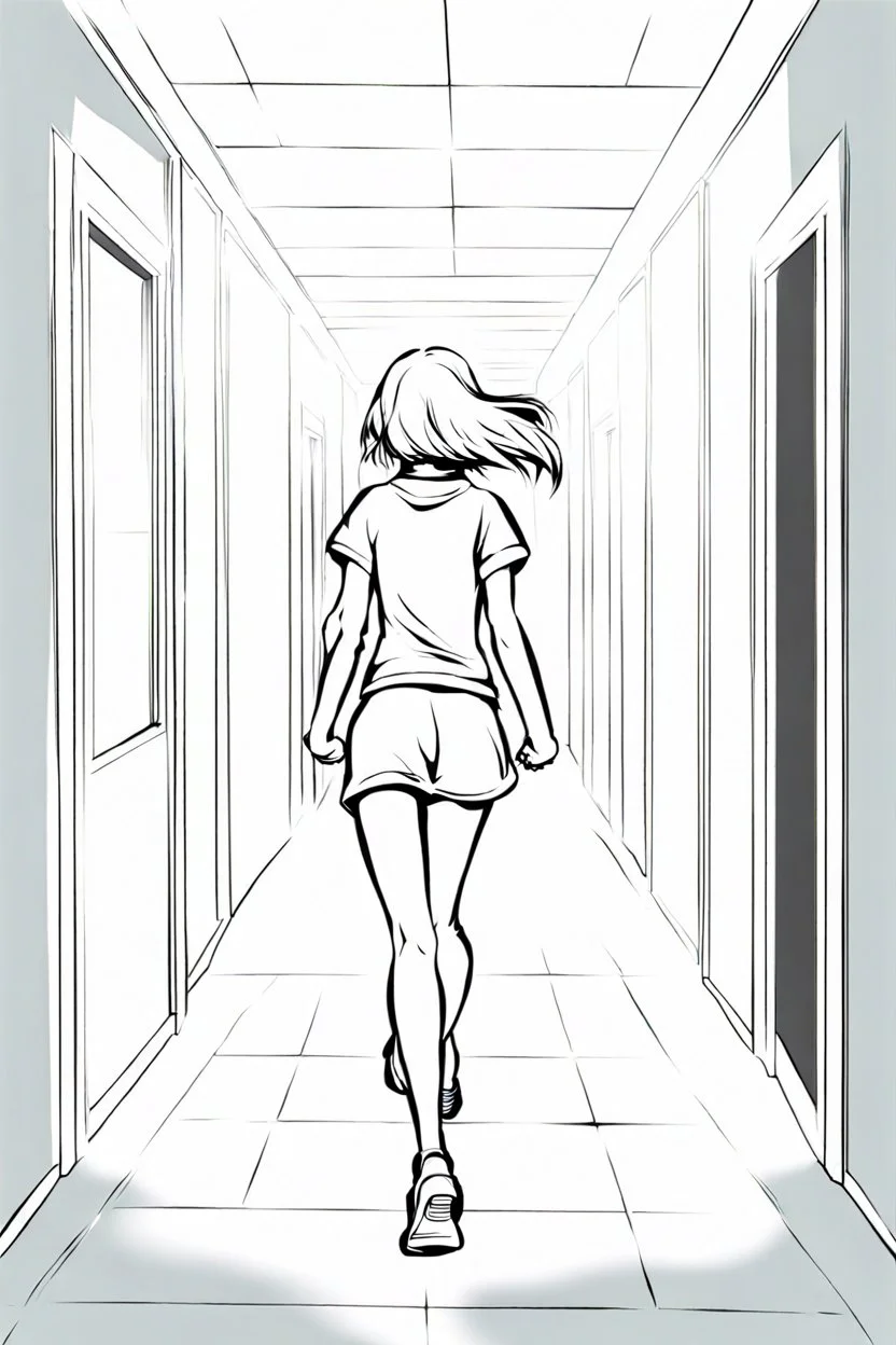 blonde girl runs in a corridor, line arts, manga style