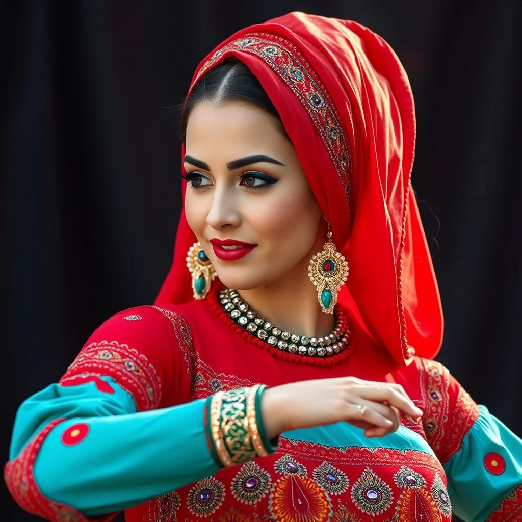 lady in azeri dance custum change clothing color to cyan and red