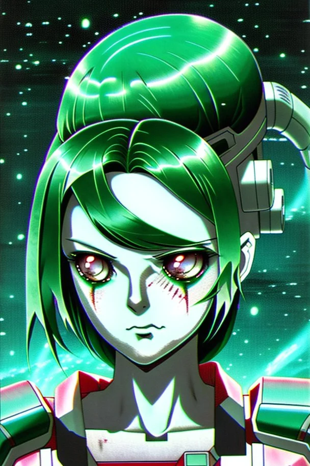 90s anime sci fi green hair space Captain girl blood on face scared, rattled and shook, violent atmosphere, retro manga style, hyper detailed, Japanese horror, junji ito,