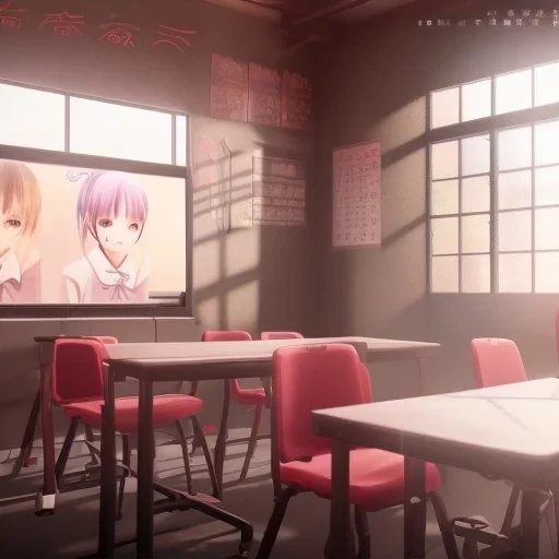 Anime girl study classroom, unreal engine 5 --ar 2:1