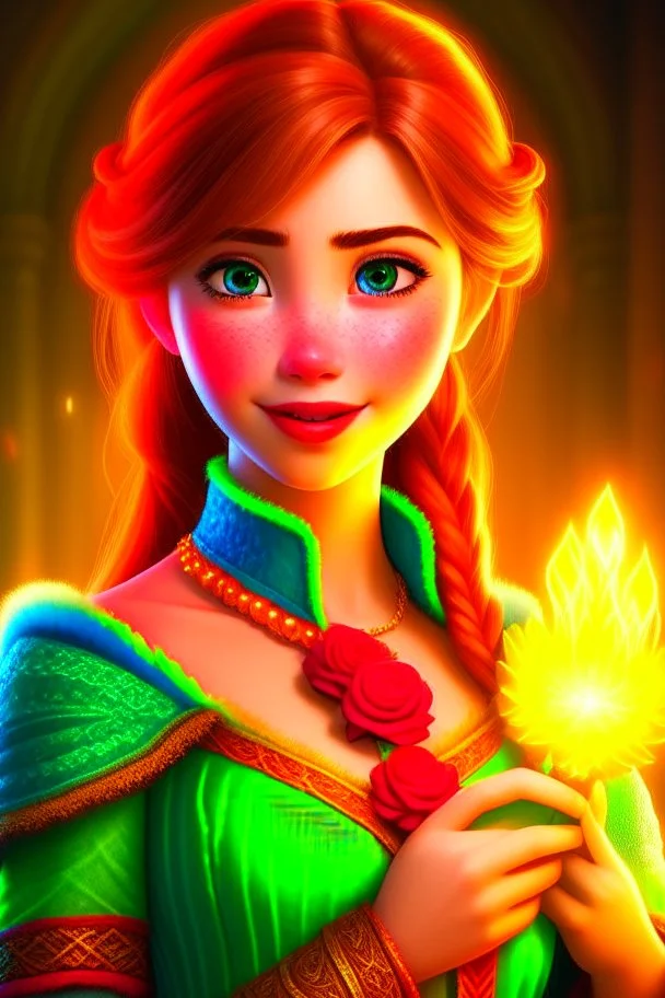 Princess Anna from Frozen is very beautiful, symmetrical, and glowing, holding a rose