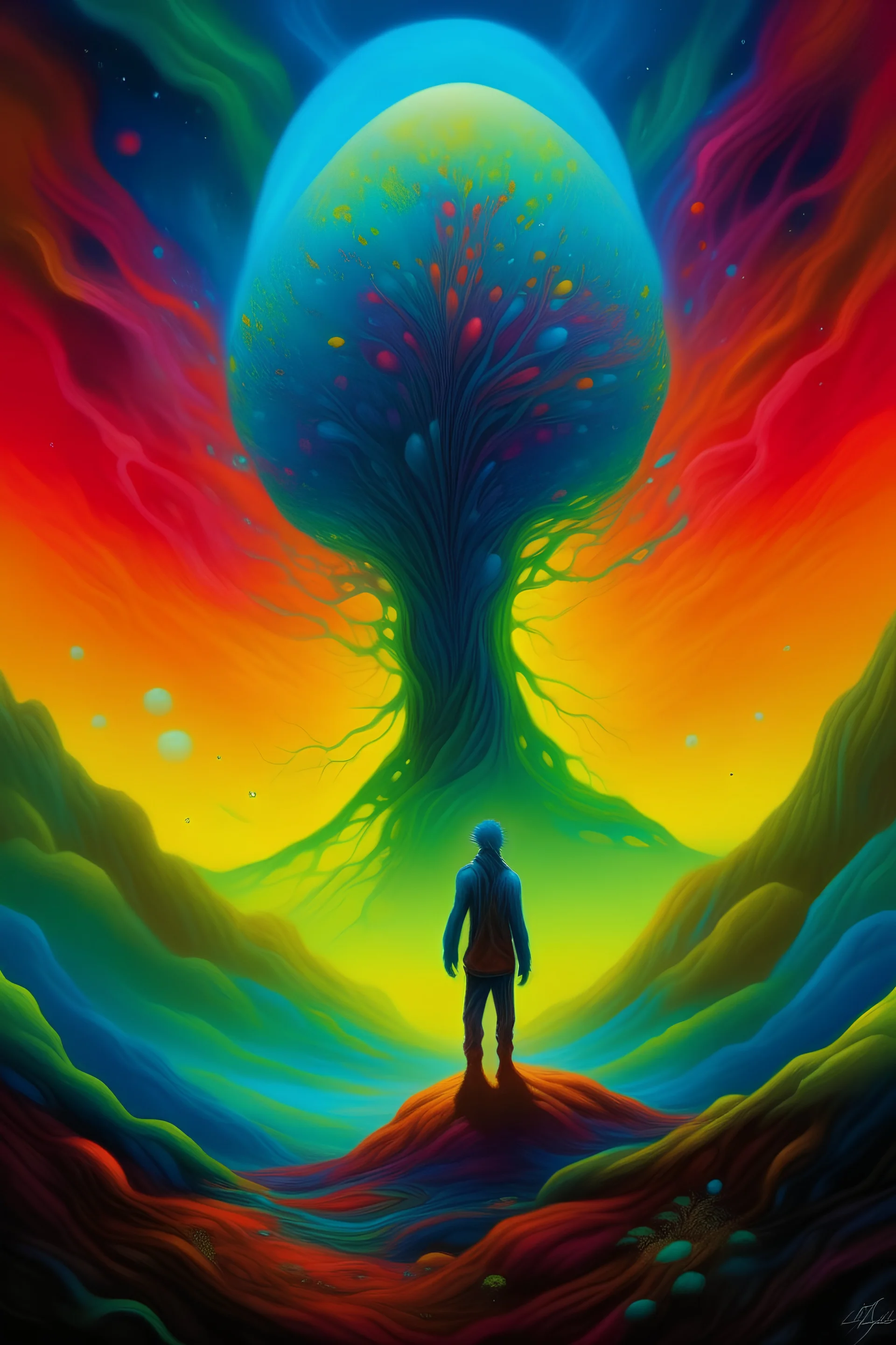 a painting of a man standing in front of a tree, inspired by Paul Lehr, psychedelic art, colorsmoke, album cover concept art, amazing colors, style of jeff soto, colorful skies, intricate colorful masterpiece ALIEN bIO fORMS