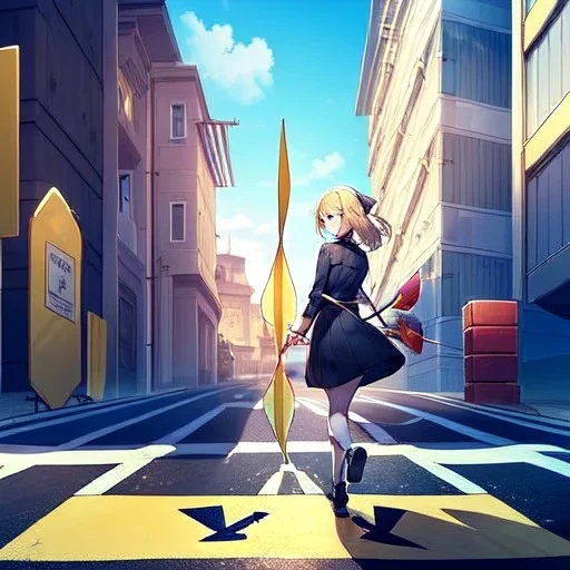 anime girl walking down a yellow brick road, shooting a recurve bow with arrow , road signs, arrows, direction into the street, back facing