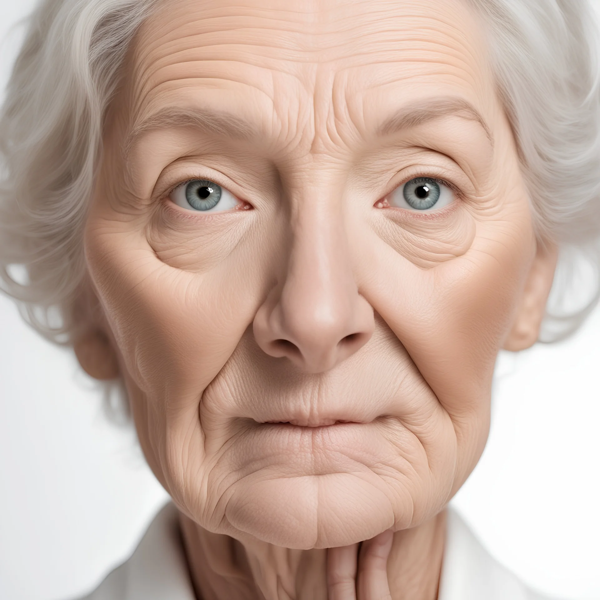 50s middle aged old woman looking at camera isolated on white background advertising dry skin care treatment anti age skincare beauty, plastic surgery, cosmetology procedures. Close up half face view