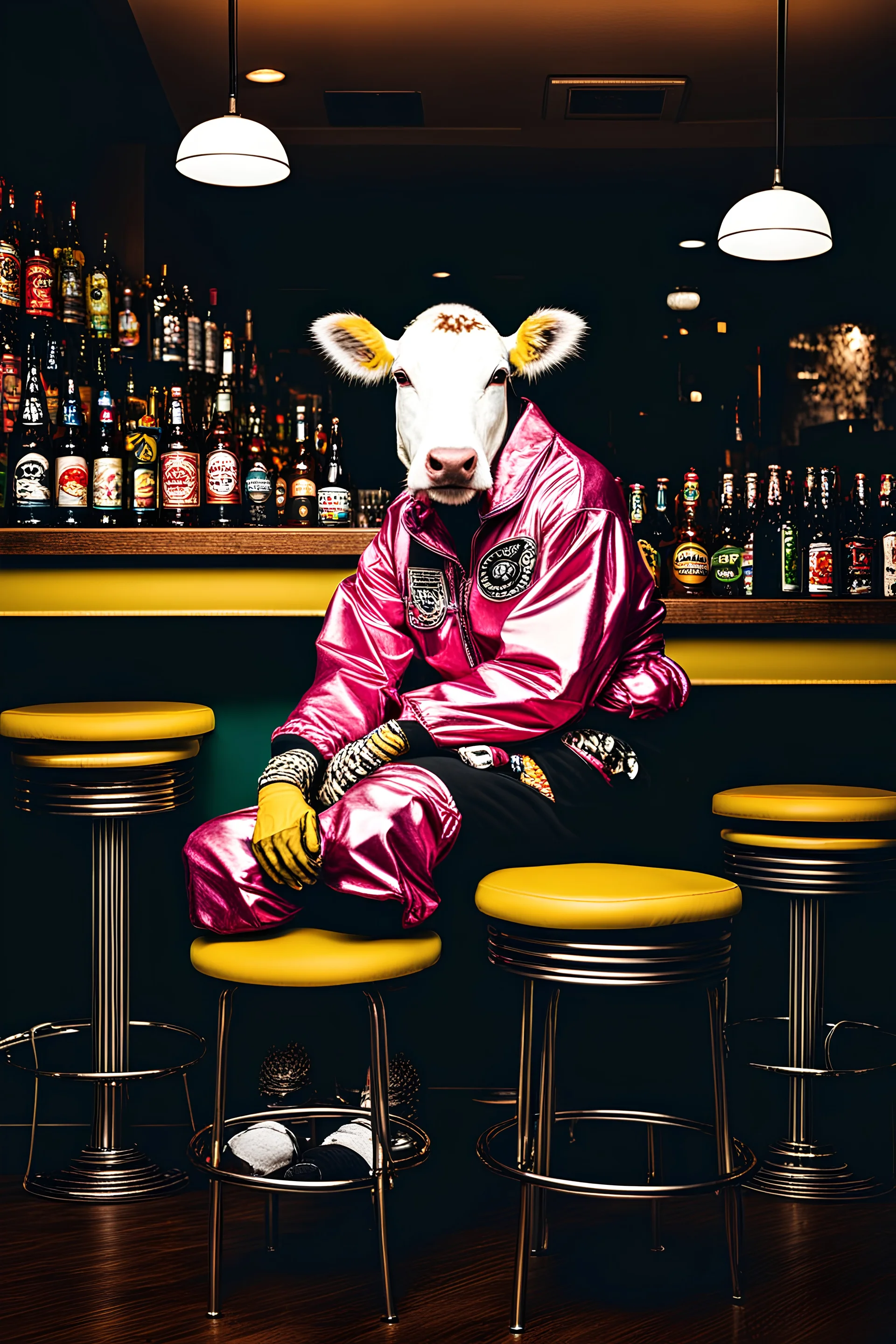 photo of a cow dressed bosozoku outfit sitting at a table in a bar with a bar stools, bottle beer, award winning photography, Elke vogelsang, bosozoku outfit, award winner photo, best composition