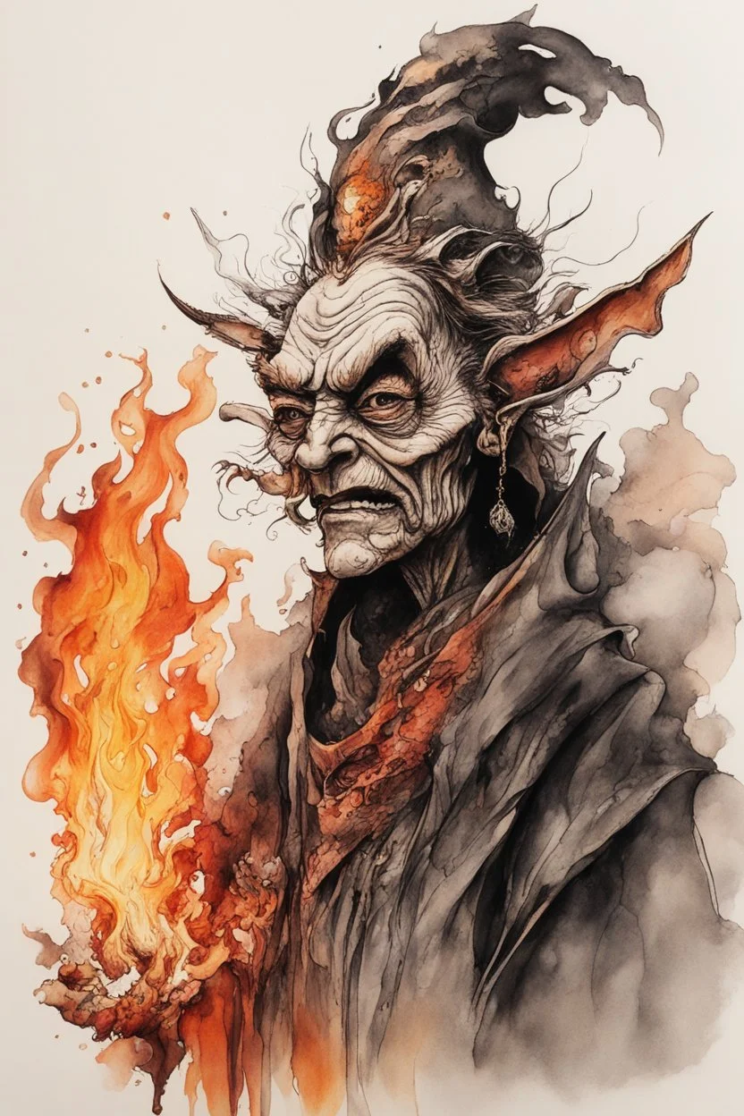 create an abstract ink wash and watercolor caricature of an aged, malevolent, ornately dressed , 14th century sorceress engulfed in fire ,highly detailed with refined facial features in the cartoon caricature style of Gerald Scarfe and Ralph Steadman precisely drawn, boldly inked, vividly colored, 4k