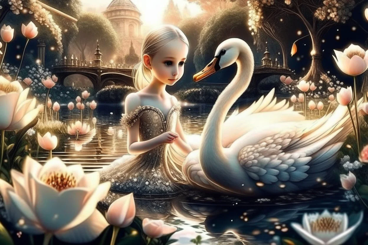 beautiful swan and cute chibi princess in a flowergarden with beautiful flowers, pond, in sunshine, H.R. Giger, anime, steampunk, surreal, watercolor and black in outlines, golden glitter, ethereal, cinematic postprocessing, bokeh, dof