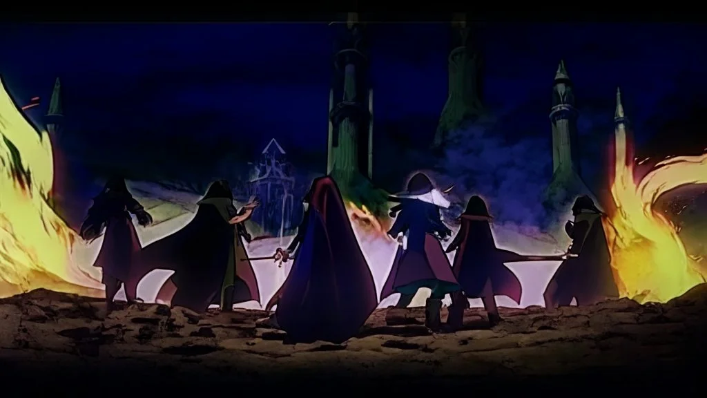 Adventurer party of four people, standing before a dark castle