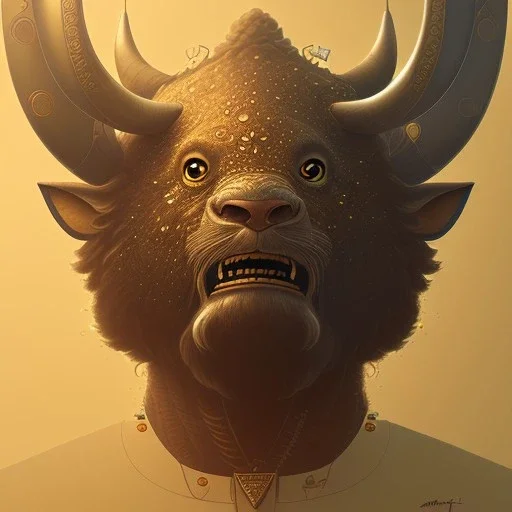  gold Buffalo , portrait.intricate detail,.studio ghibli,andrea bonelli,Kilian Eng,Ohrai, Dan Craig character, style.