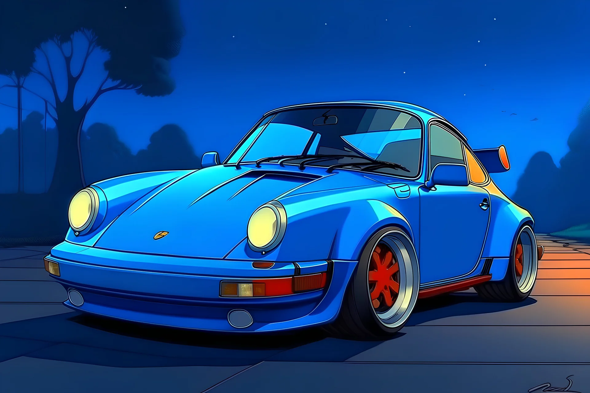 blue 1980s porsche 964 turbo s ghilbi anime style