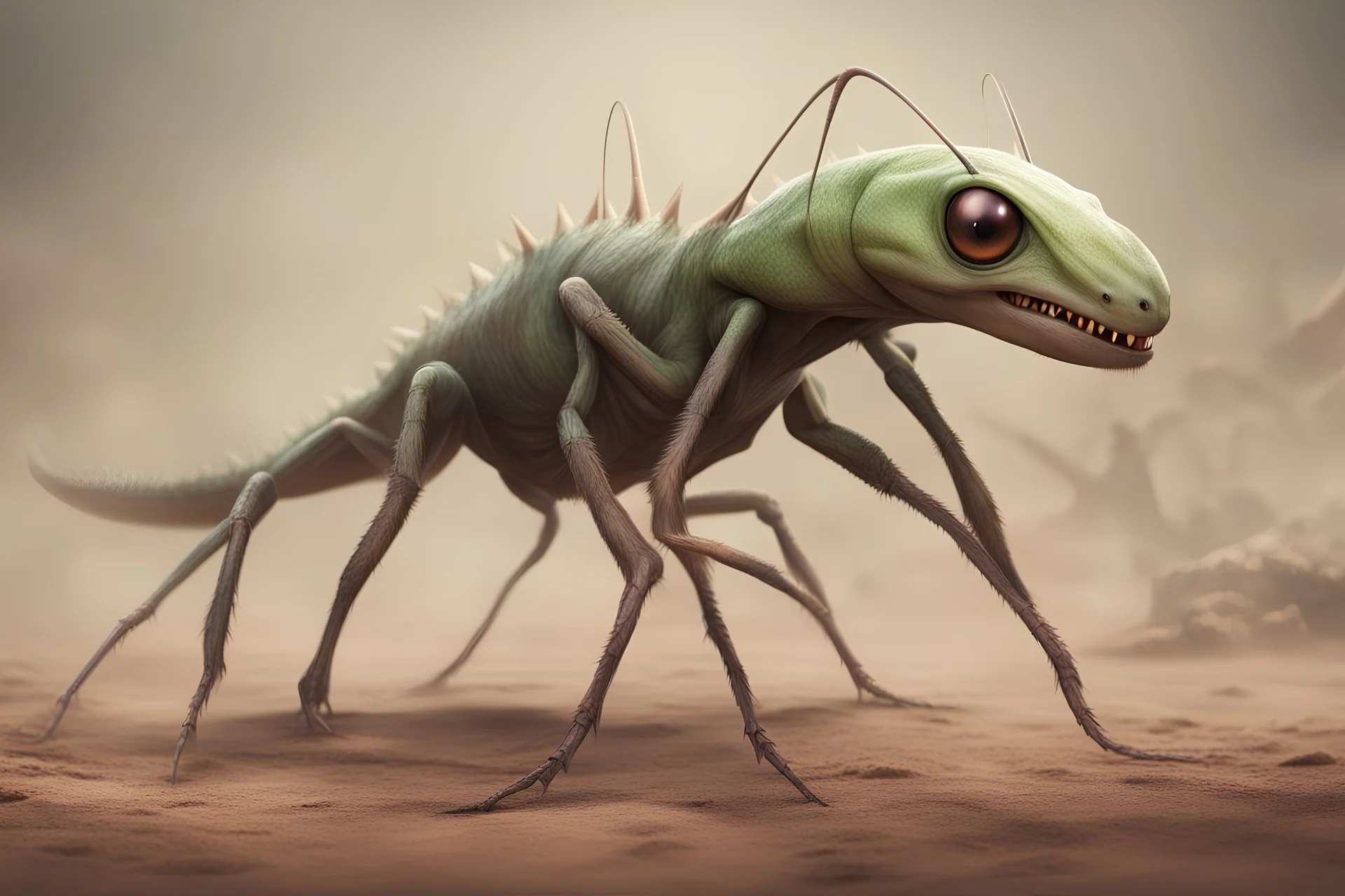 An alien gentle animal, a cross between a mantis, an ant-eater, and a dinosaur, with two tails and six legs, walks forward.