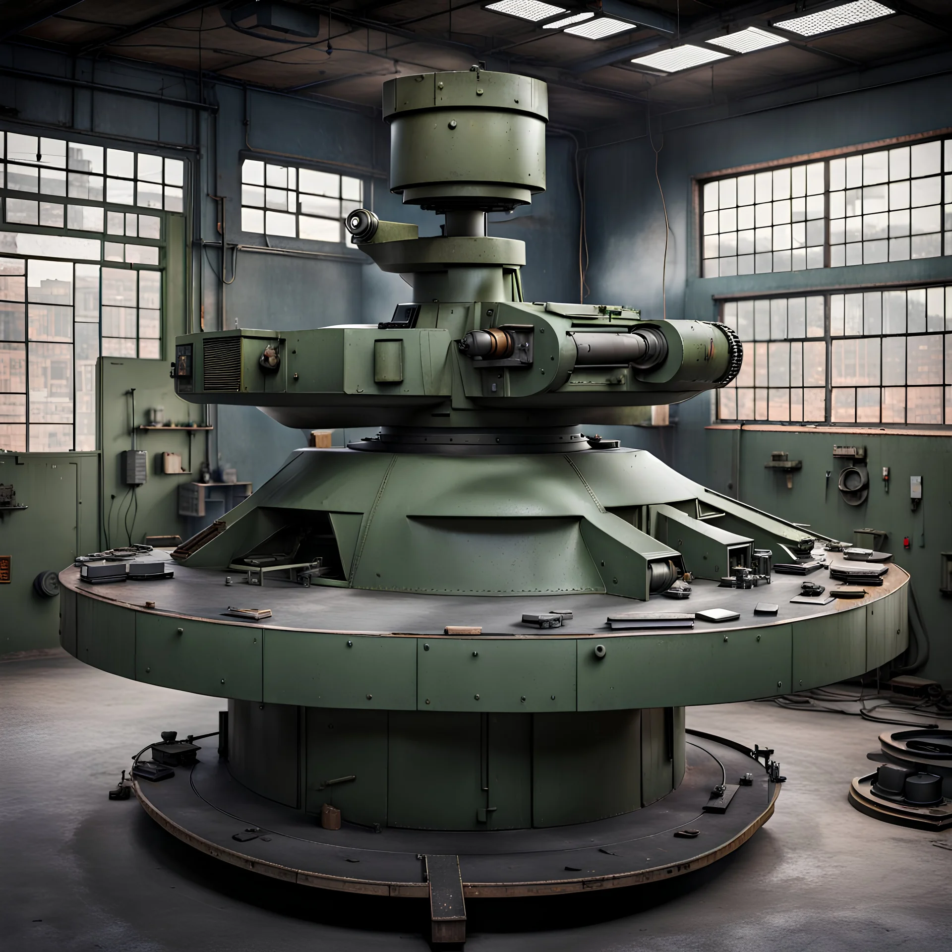 machine gun turret in a repair station
