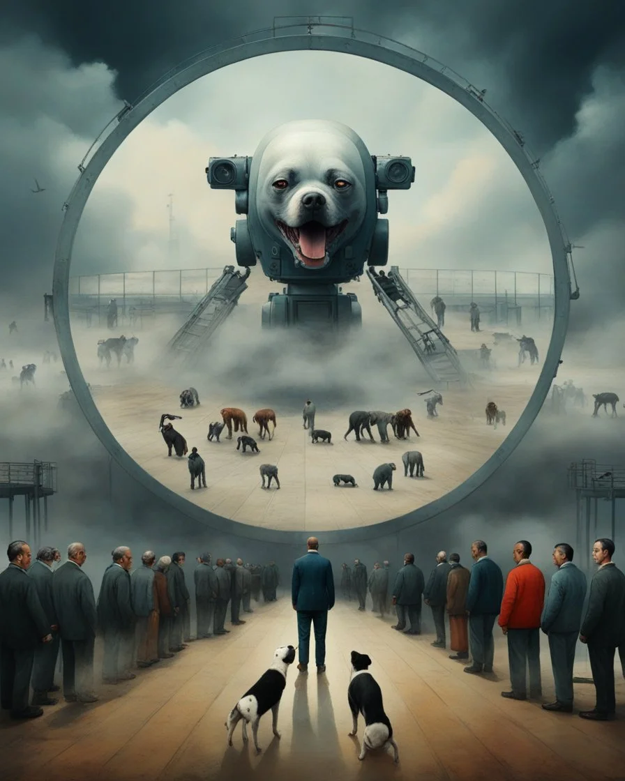 Bosch painting style, nightmare , prisoners lined up in circle , one after another , in the middle a an Ai robot as guard with a dog , great quality picture with cinematic scenes , heavy clouds in the background
