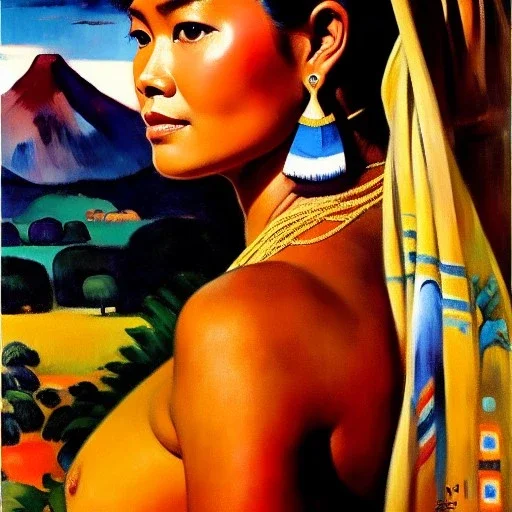 Drawing of 'woman from Afar tribe',sweet stare,painting by Earl Norem, simon Bisley,frazetta,西嘛哒, evan lee, Vallejo,kelly,Paul Gauguin oil on canvas, cinematic composition, extreme detail,fit full head inside picture,8k