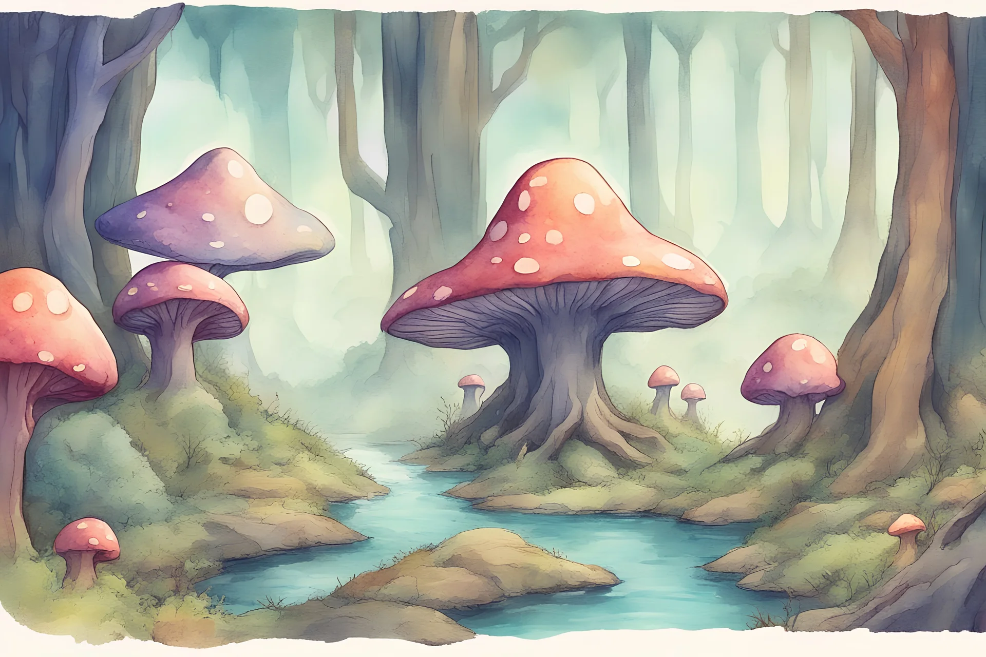 concept art water color style for teenagers in other planet having adventure mystery weird cretures trees and mushrooms exiting colorful